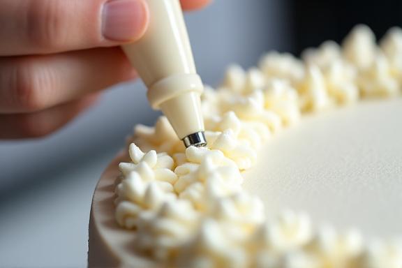 Primo piano di una mano che decora una torta con precisione usando una sac à poche e glassa bianca.