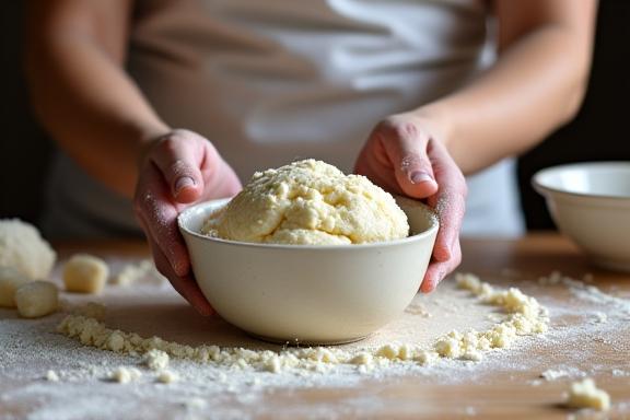 Mani che impastano in una ciotola, con farina sparsa sul tavolo, durante un corso di pasticceria.