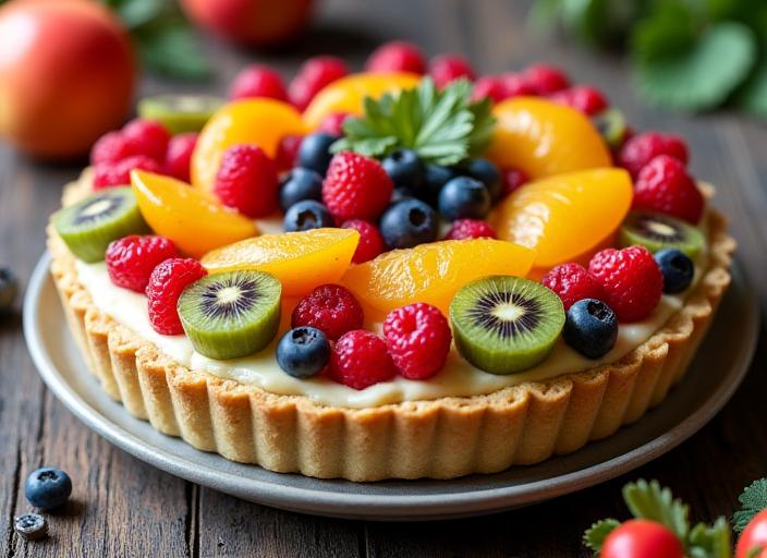 Crostata fresca con una base di pasta frolla friabile, un ripieno di crema pasticcera vellutata e abbondante frutta di stagione lucida.