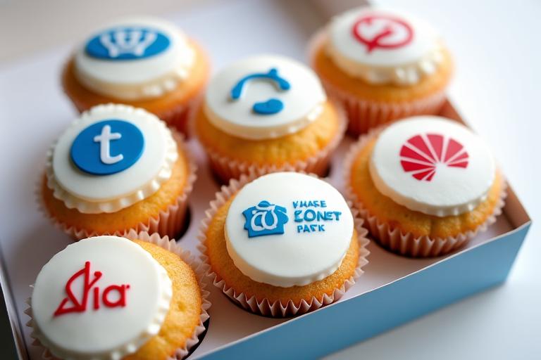 A box of cupcakes with custom printed corporate logos on edible icing.