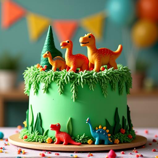 A vibrant green dinosaur-themed birthday cake for a child's party.