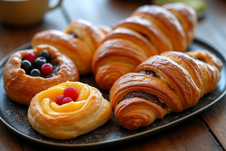 An assortment of flaky croissants, pain au chocolat, and fruit danishes.
