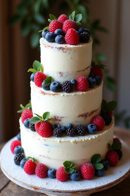 A four-tier rustic wedding cake with fresh berries and a light dusting of icing sugar.