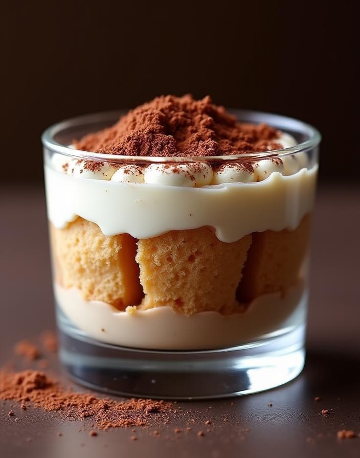 Elegante monoporzione di tiramisù servita in un bicchiere, con strati di savoiardi inzuppati nel caffè, crema al mascarpone e una spolverata di cacao.