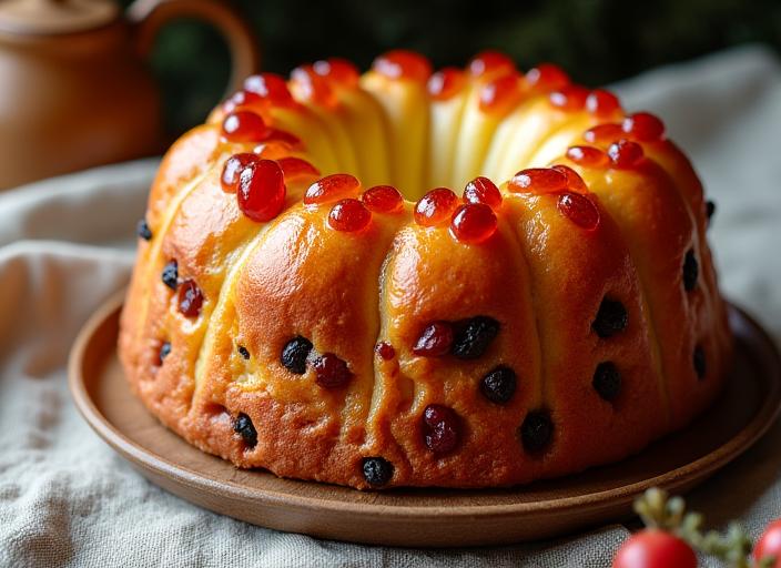 Morbido panettone artigianale, con canditi ed uvetta, glassatura color oro