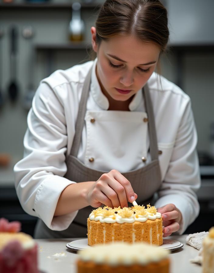Un pasticcere di Duna Dolce che decora finemente una torta con concentrazione.