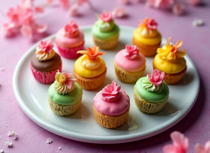 Vassoio di colorata pasticceria mignon, con dolci assortiti dai colori vivaci e decorazioni precise.
