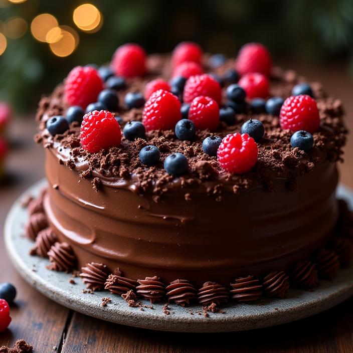 Ricca torta di compleanno al cioccolato, guarnita con scaglie di cioccolato, frutti di bosco freschi e una glassa lucida.