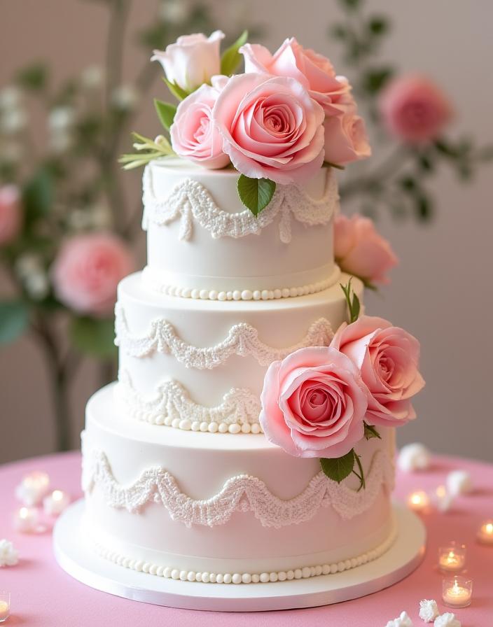 Elegante torta nuziale a più piani, finemente decorata con delicate rose rosa e pizzo di zucchero.